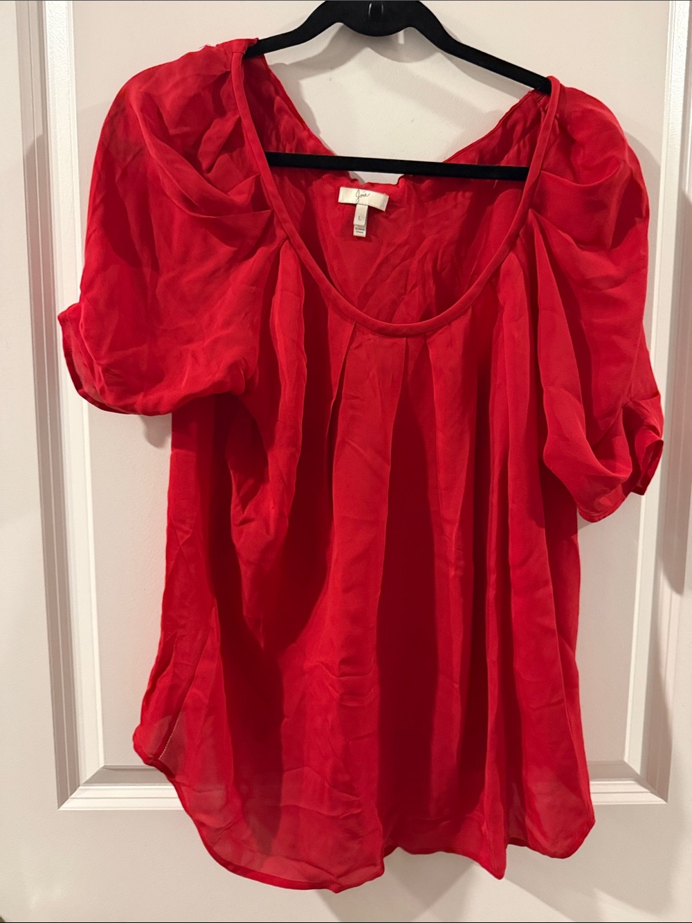 Joie Red Silk Chiffon Scoop-Neck Blouse with Puff Sleeves